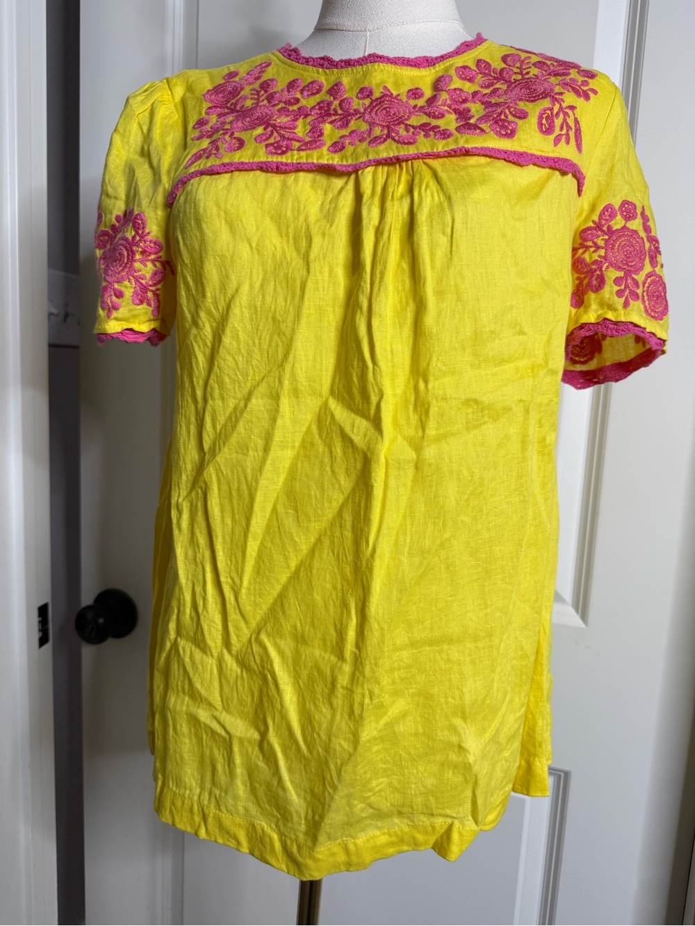Boden Bright Yellow Tunic with Pink Floral Embroidery